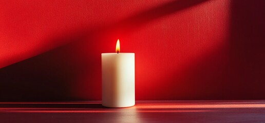 Aufkleber - A lit candle on a surface with a red background, casting soft shadows.