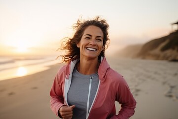 Wall Mural - Portrait of smiling sporty woman running on beach at sunrise.