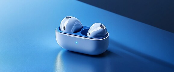 Poster - A pair of wireless earbuds in a charging case on a blue surface.