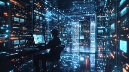 Poster - A person working in a futuristic server room with glowing data visuals.