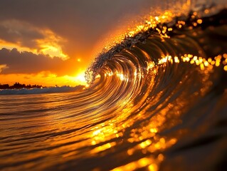 Poster - Captivating Golden Wave at Sunset with Sparkling Water and Dramatic Sky Colors Creating a Serene Coastal Atmosphere for Nature Lovers and Beach Enthusiasts
