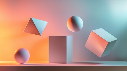 Poster - Floating geometric shapes in minimalist space illuminated artistry modern design abstract environment creative perspective
