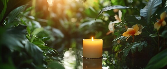 Poster - A serene candle surrounded by lush greenery and blooming flowers.