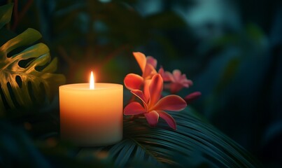 Aufkleber - A serene candle surrounded by tropical flowers in a lush setting.