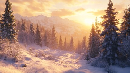 Aufkleber - A serene winter landscape with snowy mountains and evergreen trees at sunset.