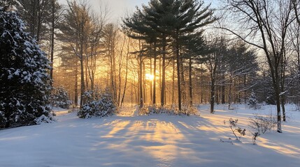 Aufkleber - A serene winter landscape with snow-covered ground and trees at sunset.