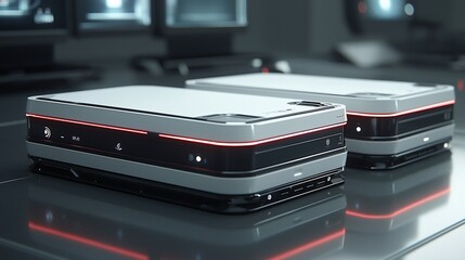 Poster - Two sleek, futuristic white and black data servers on a reflective surface.