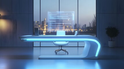 Poster - Modern Office Interior with Futuristic Desk and City View at Dusk, Featuring Advanced Technology, Bright Lighting, and Sleek Design Elements for Inspiration and Productivity