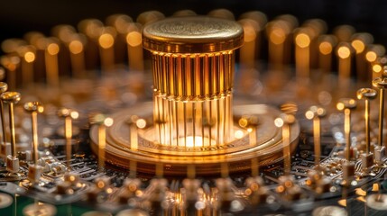 Poster - Close-up of a gold-colored electronic component with intricate details and glowing elements.