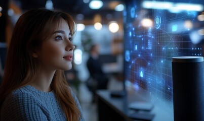 Poster - A woman interacts with digital data on a screen in a modern workspace.