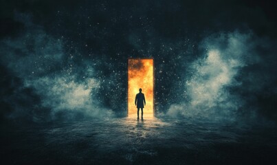 Sticker - Person stands before fiery doorway, smoky environment.