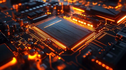 Poster - Close-up of a circuit board with glowing orange elements, showcasing technology.