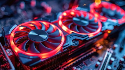 Poster - Close-up of glowing red fans on a computer graphics card.