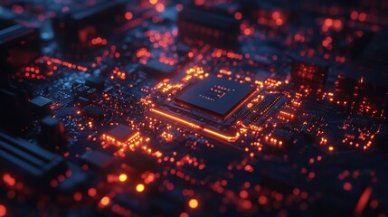 Poster - Close-up of a glowing circuit board with intricate electronic components.