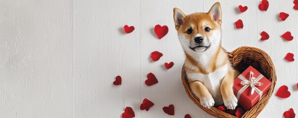 Sticker - Valentine’s Day Gift Concept with Dog and Roses. Cute dog in a heart-shaped basket surrounded by red hearts and a gift