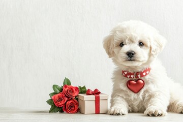 Canvas Print - Valentine’s Day Gift Concept with Dog and Roses. Fluffy puppy with a heart collar beside roses and a gift box