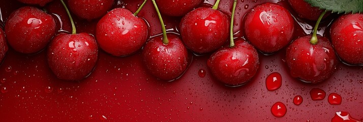 Wall Mural - A close-up shot of shiny red cherries with water droplets, evoking freshness and vitality.