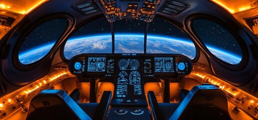 Poster - Futuristic spacecraft cockpit with Earth visible from the windows.