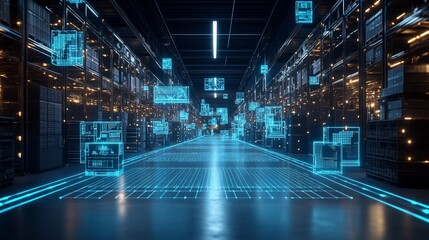 Poster - Futuristic warehouse with digital overlays and illuminated pathways.