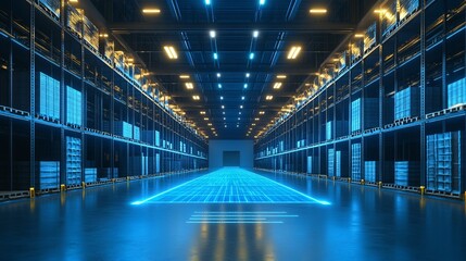 Poster - Futuristic warehouse with illuminated shelves and digital grid design.