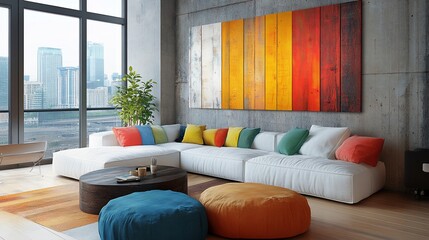 Wall Mural - Modern living room with colorful decor and city view.