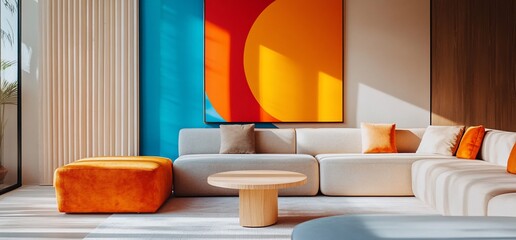 Poster - Modern living room with vibrant artwork and cozy furnishings.