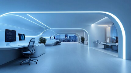 Poster - Modern office interior with sleek design and ambient lighting.