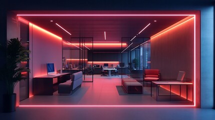 Poster - Modern office interior with neon lighting and sleek furniture design.