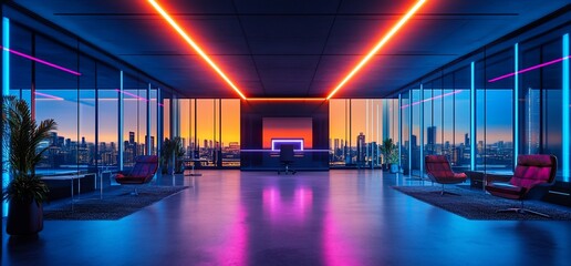 Poster - Modern lounge with vibrant neon lights and city skyline view at sunset.