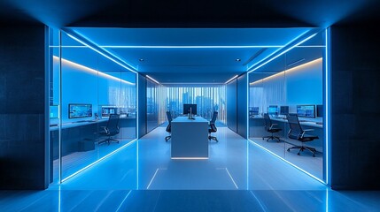Aufkleber - Modern office space illuminated with blue lighting and sleek furniture.