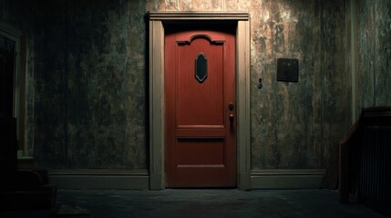 Poster - Dark hallway, aged walls, red door, mysterious.