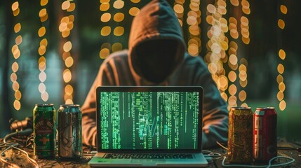 Fototapete - Hooded figure at night working on laptop with code on screen, surrounded by drinks.
