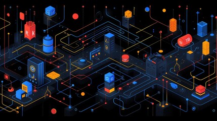 Poster - Isometric illustration of complex network system with data flow, nodes, and connections.