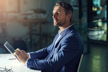 Aufkleber - Businessman, night or accountant with tablet for thinking of news and budget planning in office. Research, late or financial advisor on touchscreen technology for online ideas, report or accounting