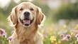 © ZenJoul - A cheerful golden retriever smiling in a field of colorful flowers under bright sunlight.