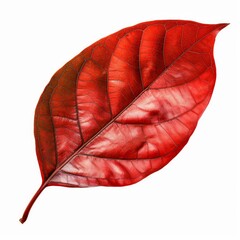 Poster - Vibrant red autumn leaf isolated on white, displaying intricate vein network