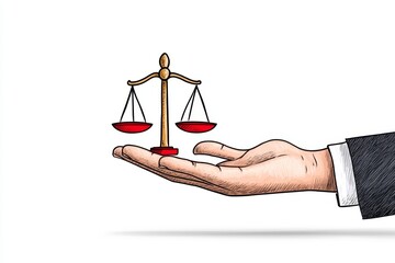 Poster - A clean minimalist design of a hand holding a balanced scale, symbolizing ethical decision-making, drawn in simple lines on a white background