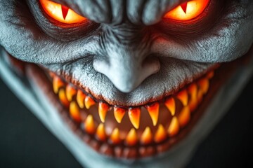 Poster - A close-up of an evil grin on a face partially hidden in shadows, with glowing red eyes piercing the darkness