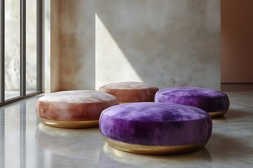 Wall Mural - Four round velvet cushioned stools in a modern interior setting