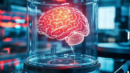 Poster - Innovative biocomputer showcasing a synthetic brain design with glowing neural connections in a high-tech lab