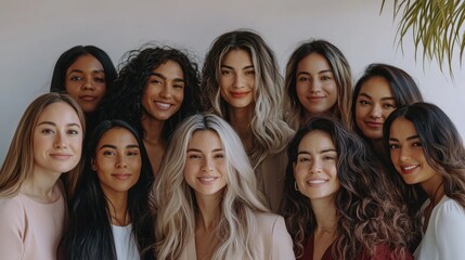 Wall Mural - A group of women with different hair colors and styles are smiling for a photo