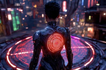 Poster - A cyberpunk-inspired evaluation scene, with neon-lit charts, holographic graphs, and a person analyzing data in a glowing high-tech environment