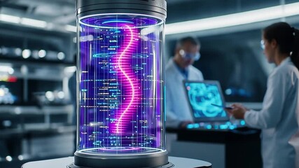 Poster - Innovative biocomputer technology showcased in advanced research facility with scientists collaborating