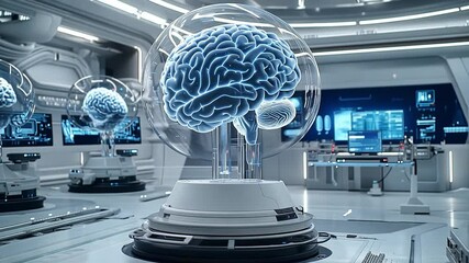 Poster - Biocomputer technology showcases a detailed neural structure in a futuristic laboratory setting
