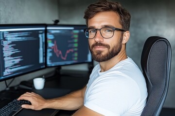Poster - A financial analyst evaluating charts and data on multiple monitors, with detailed graphs and stock trends visible