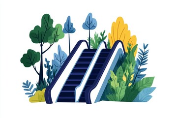 Aufkleber - A flat 2D depiction of an outdoor escalator surrounded by greenery, symbolizing eco-friendly design, set on a white canvas
