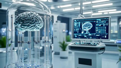 Poster - Biocomputer system showcasing artificial intelligence through a brain design and advanced technology in a futuristic lab