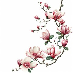 Poster - Delicate magnolia flowers and buds gracefully adorn a branch, forming an elegant border on a pristine white background