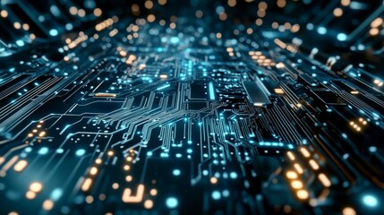 Poster - A close-up view of a digital circuit board with glowing lights and intricate pathways.