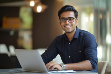 Poster - young man is sitting at a table with a laptop in front of him. He is smiling and he is enjoying himself